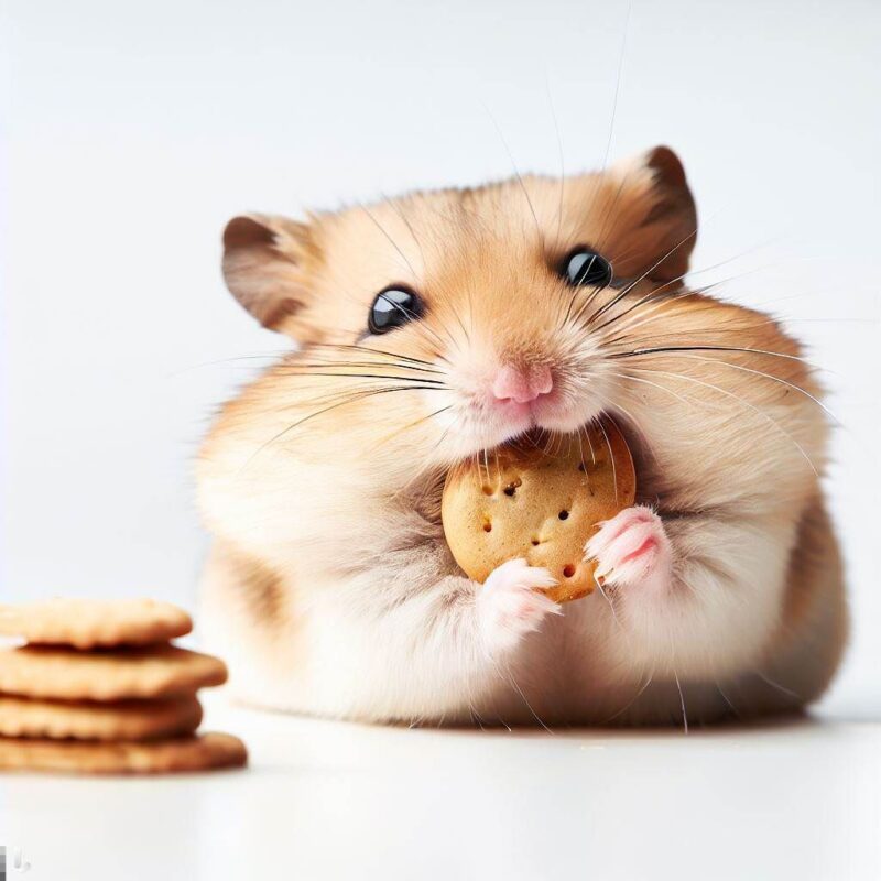 クッキーを食べて微笑むハムスターをプロ写真風に撮影したものです。背景 純白