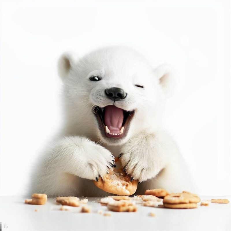クッキーを食べて微笑む赤ちゃんシロクマをプロ写真風に撮影したものです。背景 純白