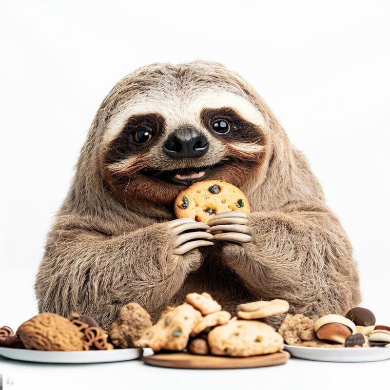 クッキーを食べて微笑むナマケモノをプロ写真風に撮影したものです。背景 純白