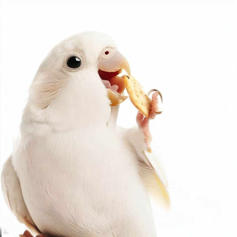 クッキーを食べて微笑む１羽の白いセキセイインコをプロ写真風に撮影したものです。背景 純白