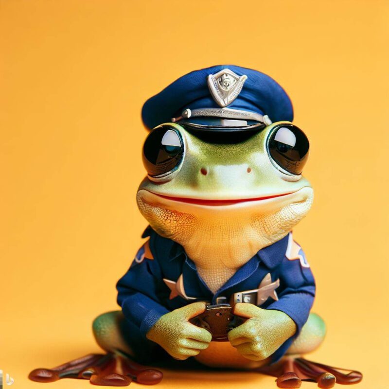 警察服を着て微笑む可愛いカエル、最高品質、プロの写真