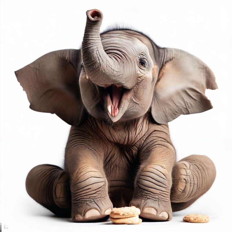 クッキーを食べて微笑む赤ちゃん象をプロ写真風に撮影したものです。背景 純白