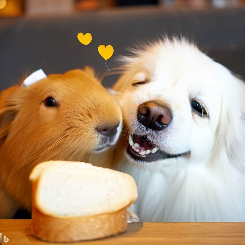 白い犬に恋する黄色いモルモット。微笑んでいる。幸せそう。食パン。カフェで告白
