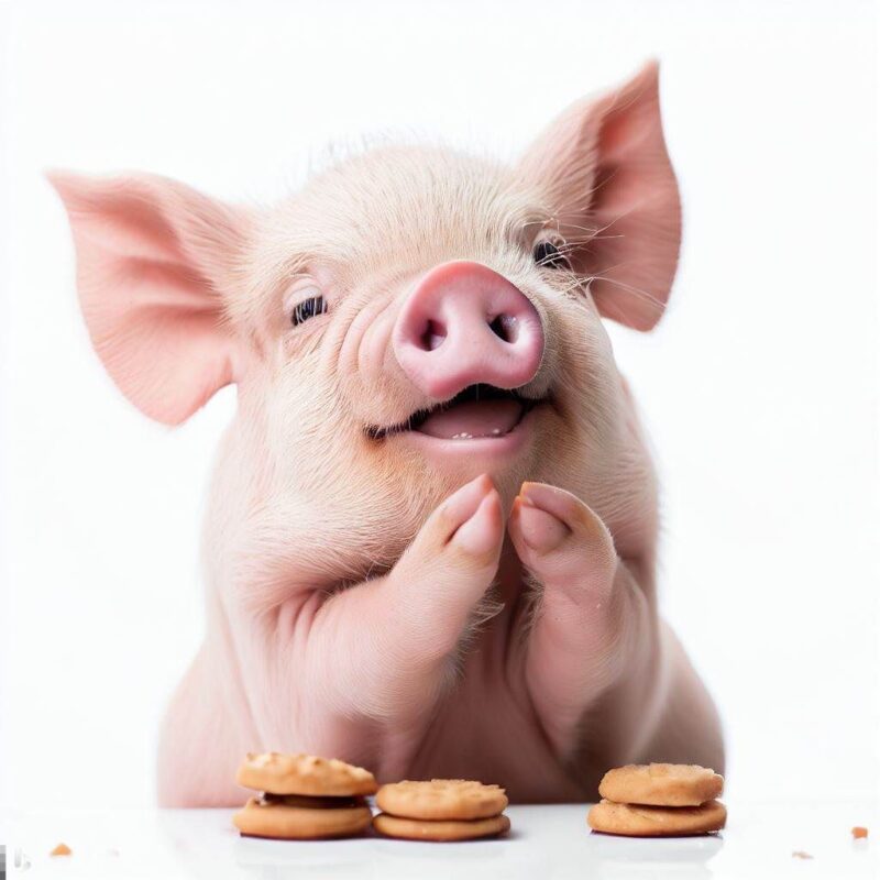 クッキーを食べて微笑む子豚をプロ写真風に撮影したものです。背景 純白