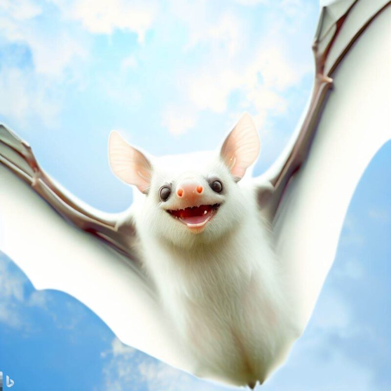幸せそうに微笑んでいる白いフルーツバット。空を飛んでいる。プロ写真