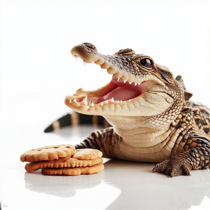 クッキーを食べて微笑む赤ちゃんワニをプロ写真風に撮影したものです。背景 純白