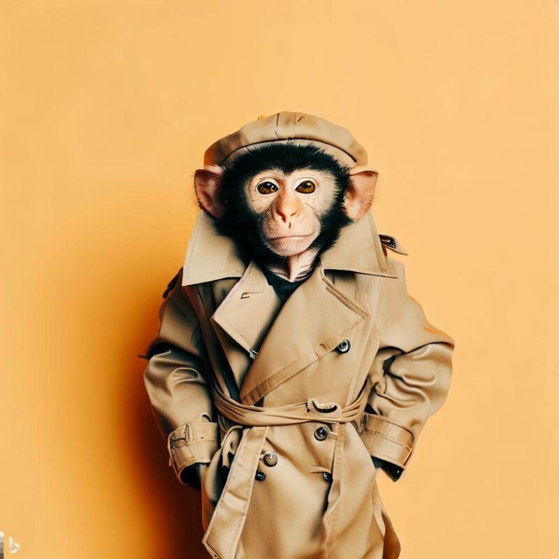 トレンチコートを着て微笑むかわいい猿、最高品質、プロの写真