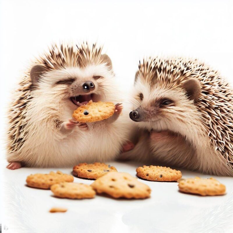 クッキーを食べて微笑むハリネズミをプロ写真風に撮影したものです。背景 純白