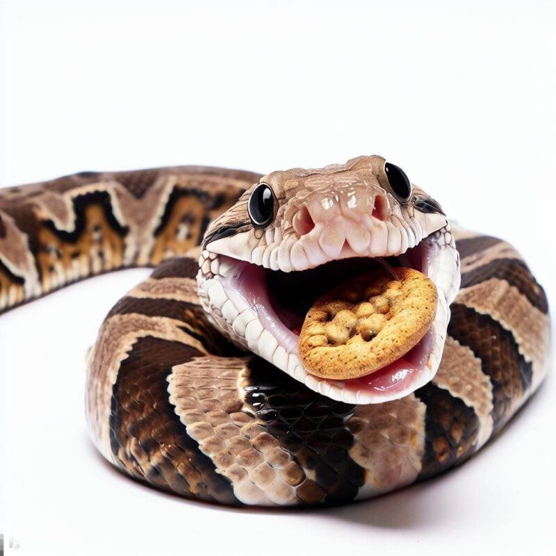 クッキーを食べて微笑む蛇をプロ写真風に撮影したものです。背景 純白