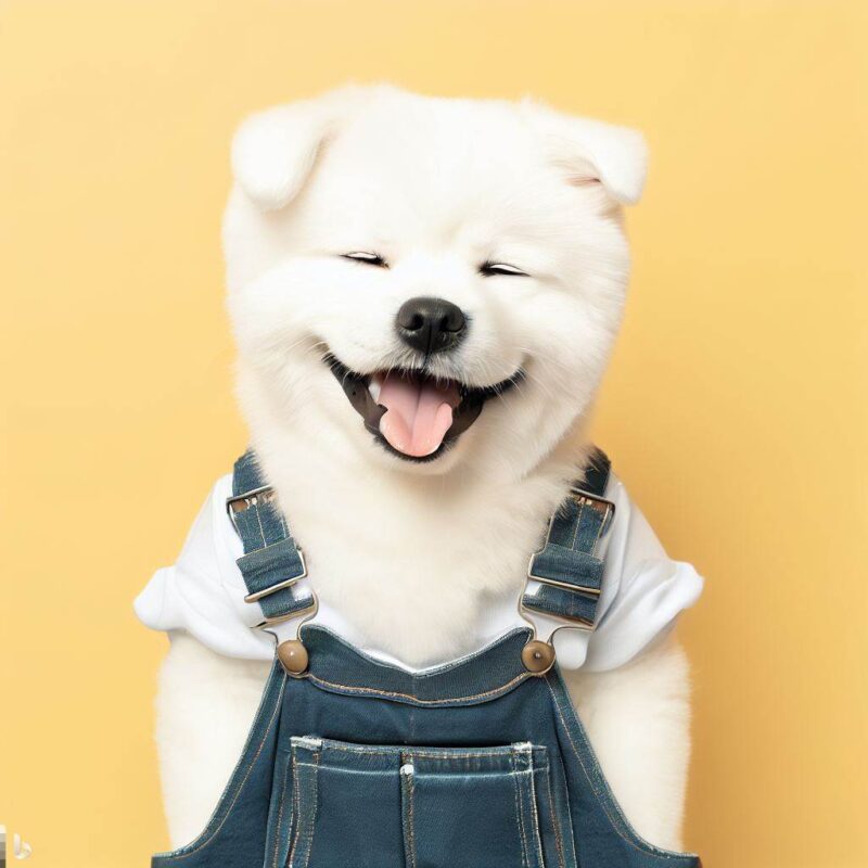 ダンガリーシャツのアバターで微笑むかわいい白い犬、最高品質、プロの写真