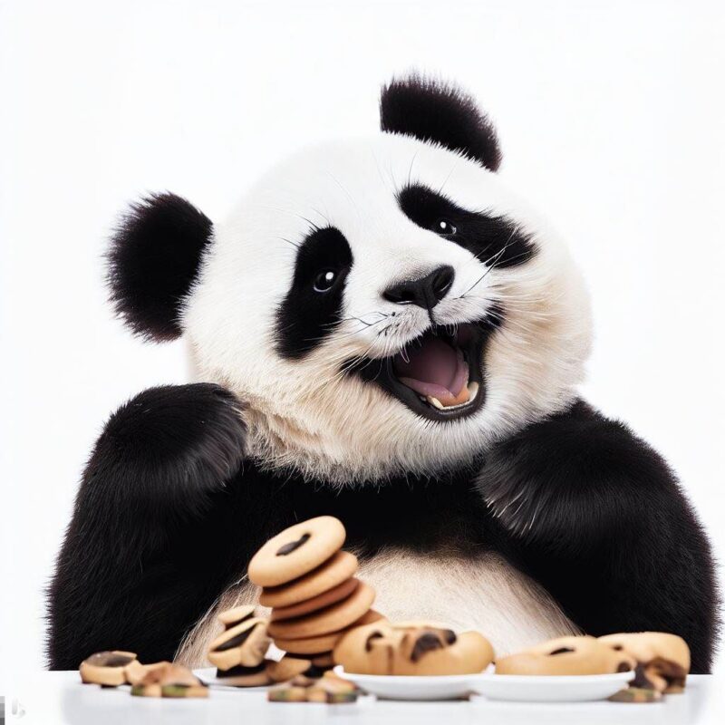 クッキーを食べて微笑むパンダをプロ写真風に撮影したものです。背景 純白