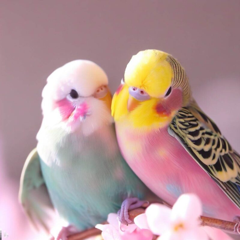 ピンクと黄緑の美しいグラデーションの羽を持つセキセイインコ。嬉しそうな笑顔。桜餅が好き