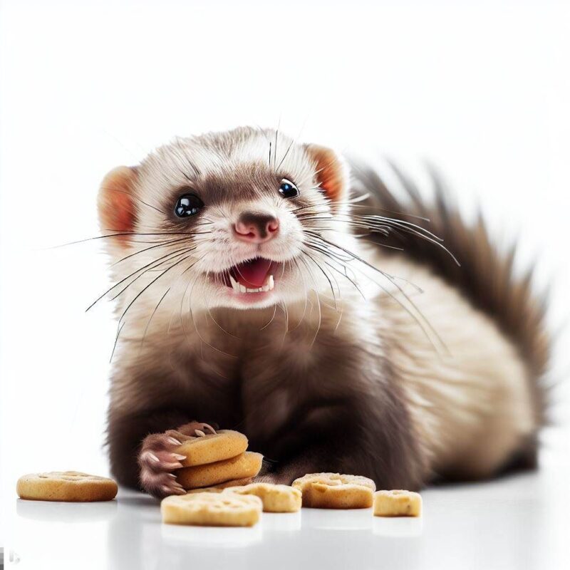 クッキーを食べて微笑むフェレットをプロ写真風に撮影したものです。背景 純白
