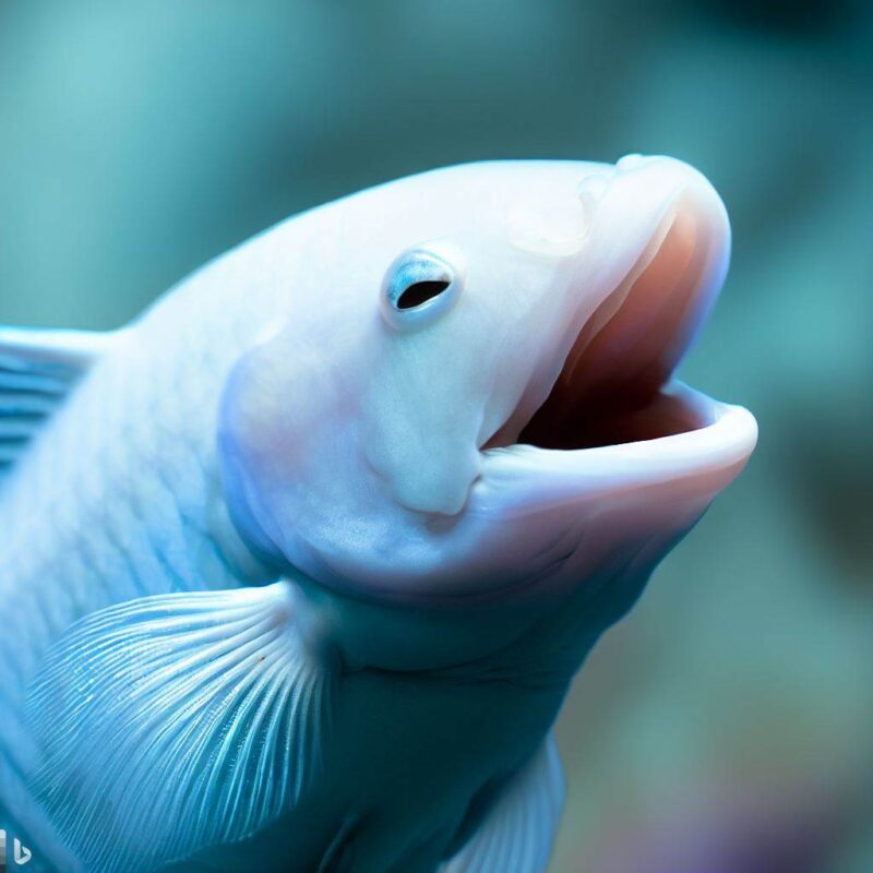 A light blue fish is smiling happily, mouth open, eyes closed. This is a professional photo.