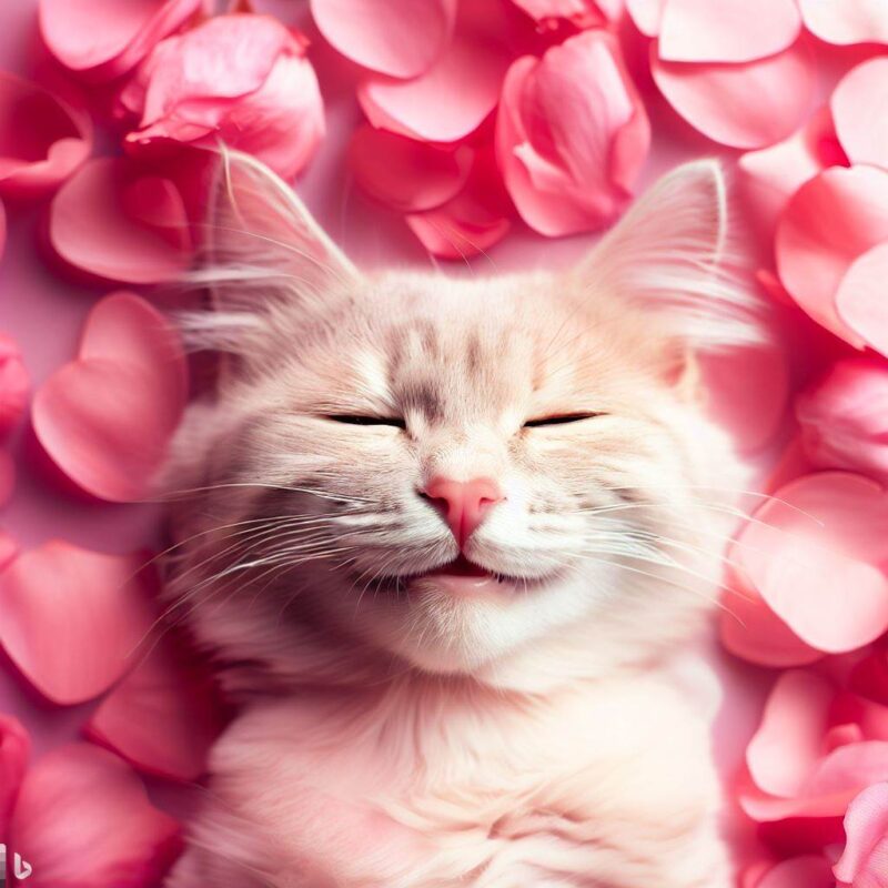 A pink cat smiles happily surrounded by heart petals. Professional photo.