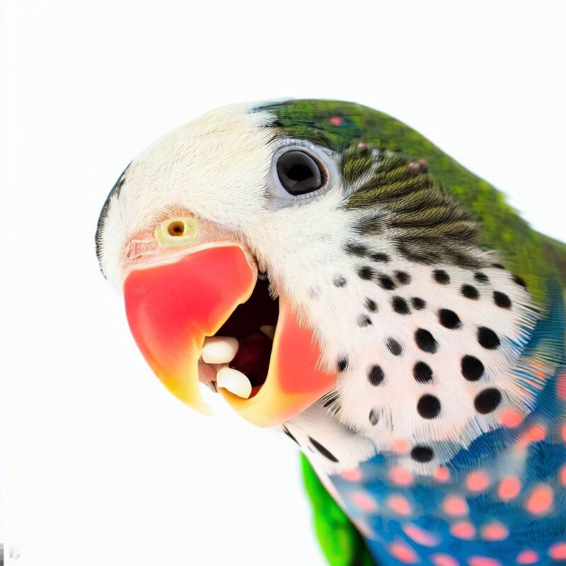 A polka dot parrot smiling happily as it eats a seed. Professional photo. Top quality. Pure white background.