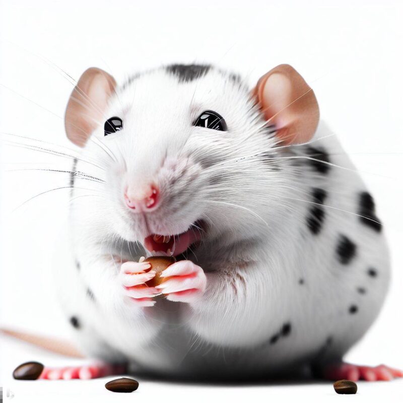 A polka-dot rat smiles happily as it eats a seed. Professional photo. Top quality. Pure white background.
