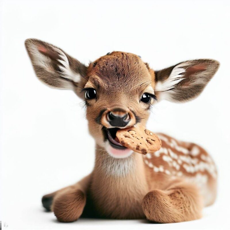 A smiling baby deer eating a cookie in a professional photo style. The background is pure white.