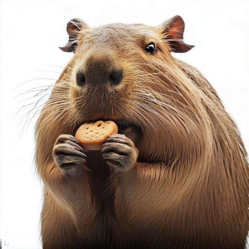 A smiling capybara eating a cookie in a professional photo style. The background is pure white.