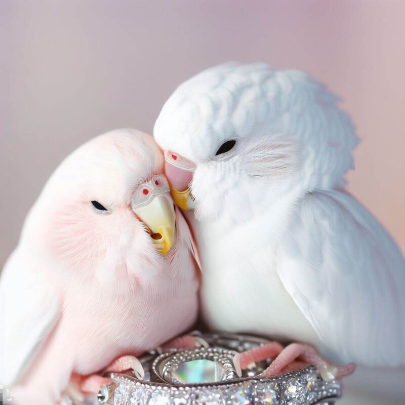 A white budgie and a pink budgie cuddling happily wrapped in a large diamond ring.