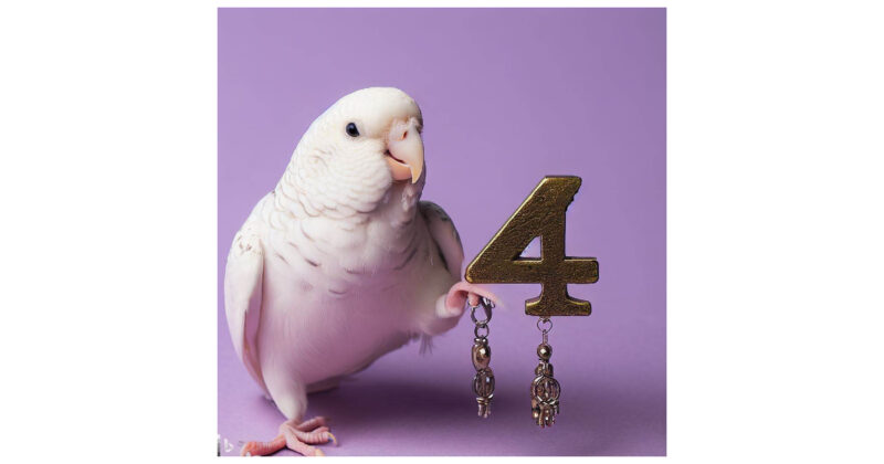 A white budgie holding the number 4 and talking about 4 charms. Pro Photo