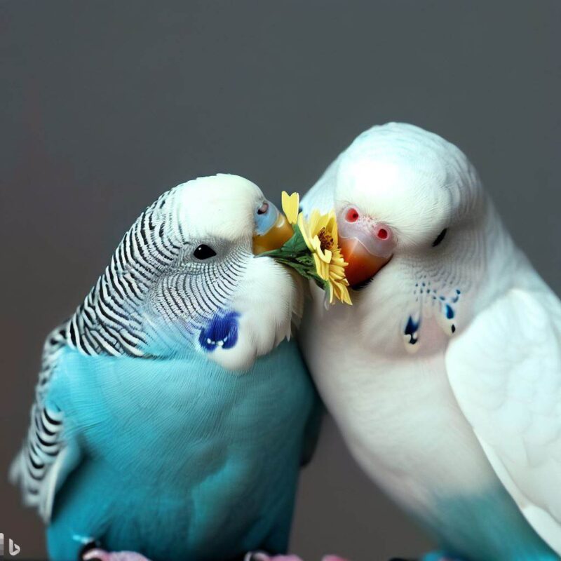 A white budgie snuggling up to a light blue budgie presenting flowers in its mouth.