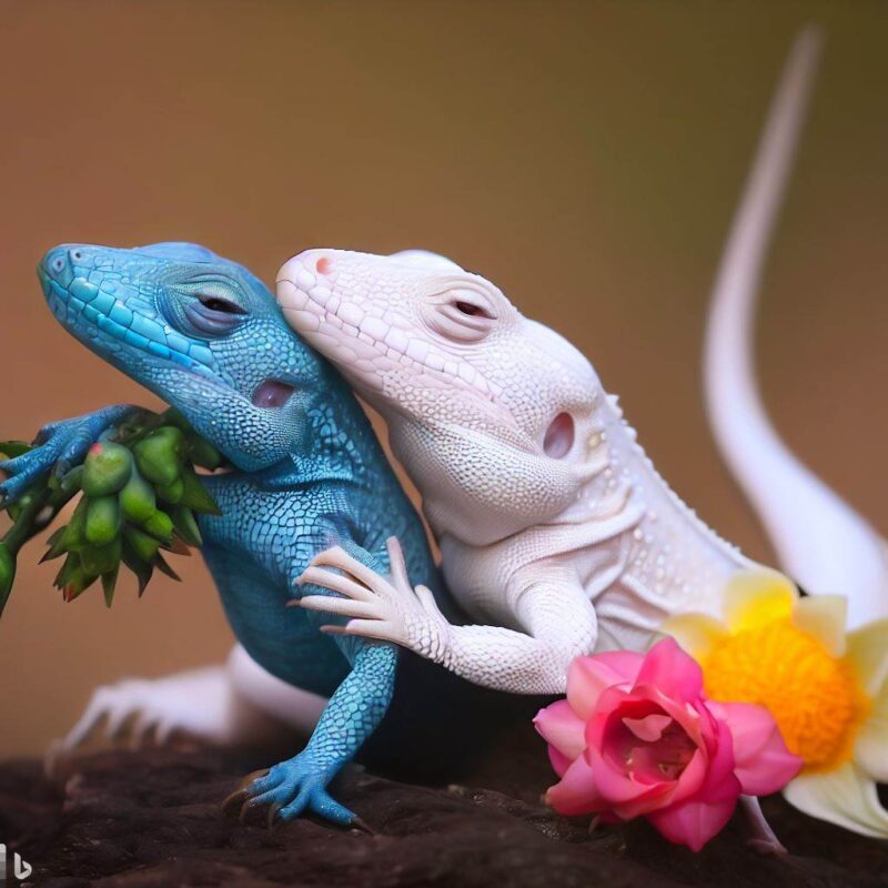 A white lizard cuddling up to a light blue lizard presenting flowers in its mouth.