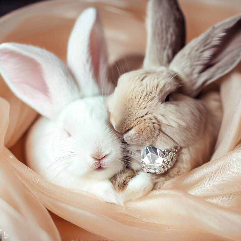 A white rabbit and a beige rabbit cuddling happily wrapped in a large diamond ring. Professional photo