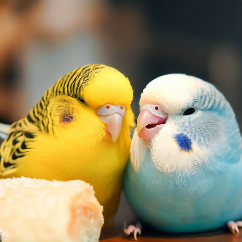 A yellow budgie in love with a light blue budgie. Smiling. Looks happy. Bread. Confession at a cafe.