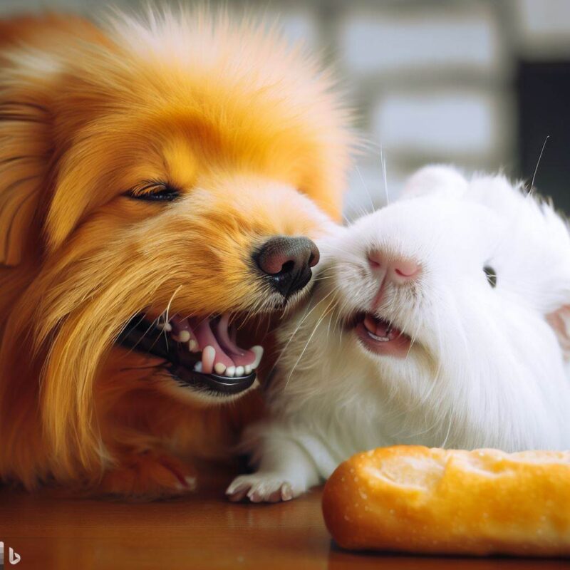 A yellow guinea pig in love with a white dog. Smiling. Looks happy. Bread. Confession at a cafe.