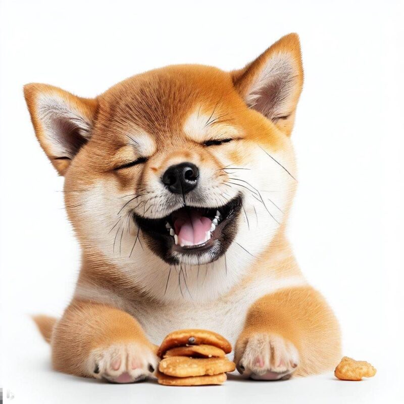 Baby Shiba Inu smiling while eating cookies in professional photo style. Background is pure white.