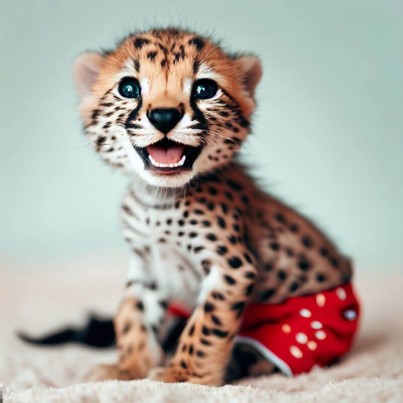 Cute baby cheetah smiling in boxer shorts, top quality, professional photo