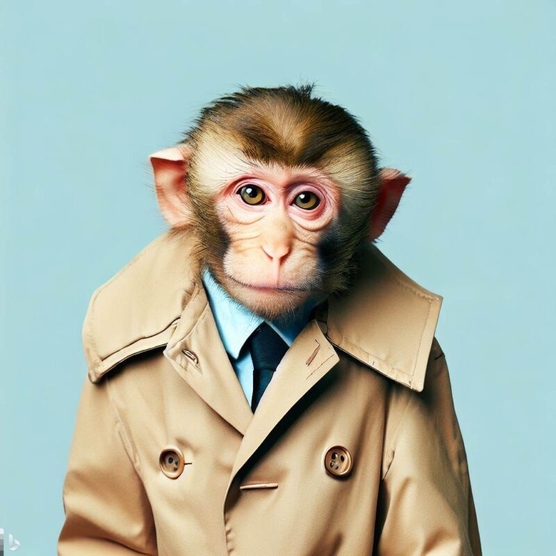 Cute monkey smiling in trench coat, top quality, professional photo