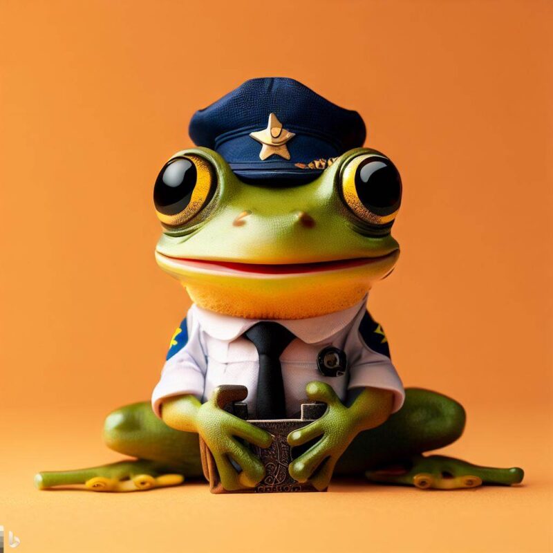 Cute smiling frog in police uniform, top quality, professional photo