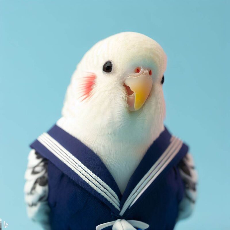 Cute white budgie smiling in Japanese sailor suit avatar, top quality, professional photo