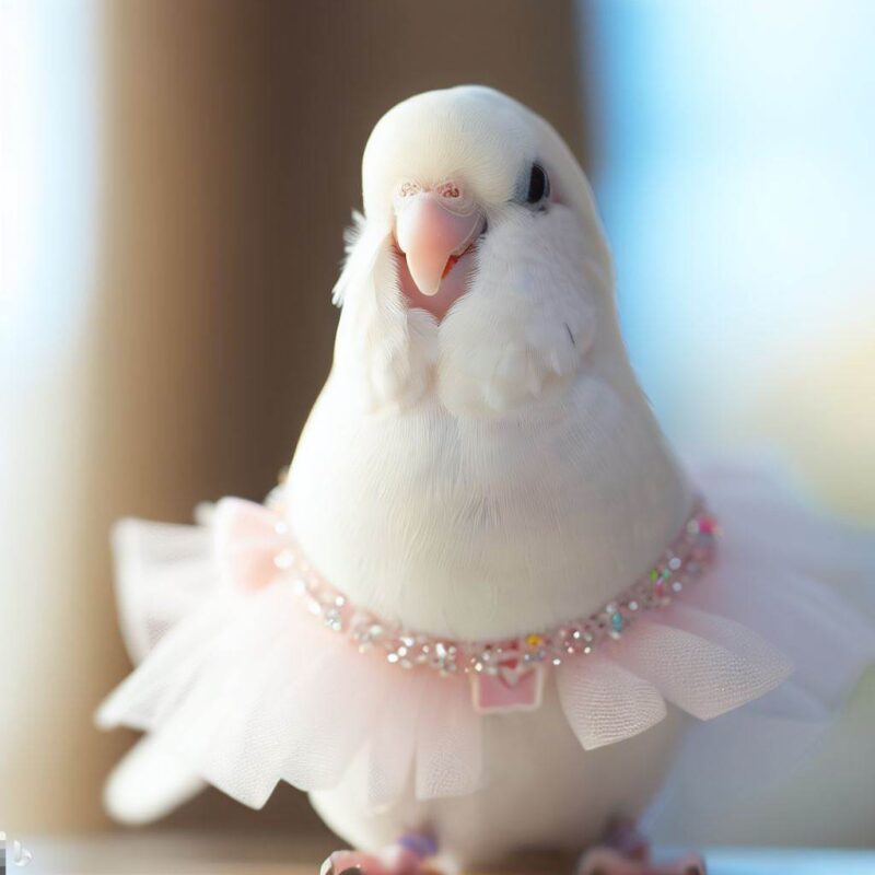 Cute white budgie smiling in ball gown avatar, top quality, professional photo