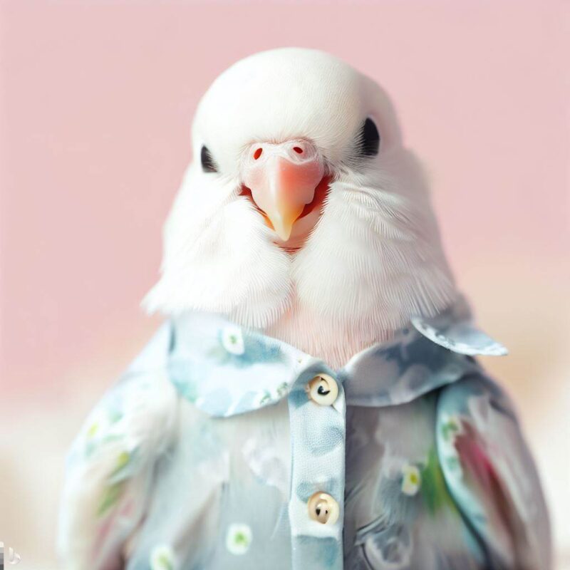Cute white budgie smiling in blouse avatar, top quality, professional photo
