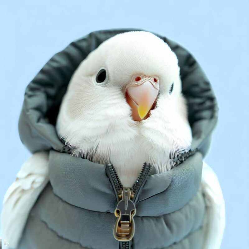 Cute white budgie smiling in down jacket avatar, top quality, professional photo
