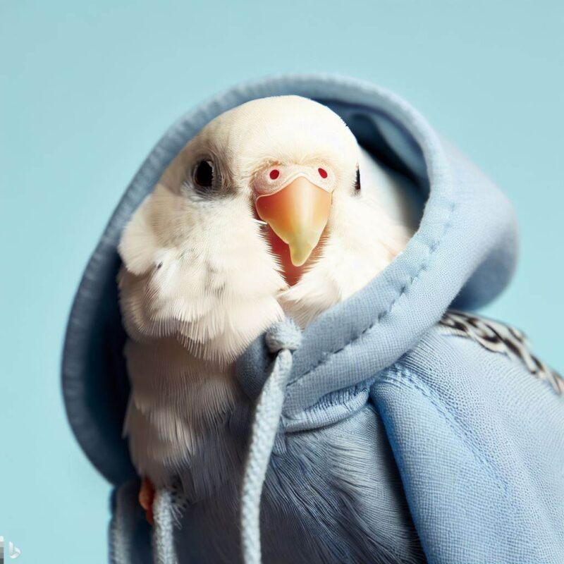Cute white budgie smiling in hoodie, top quality professional photo