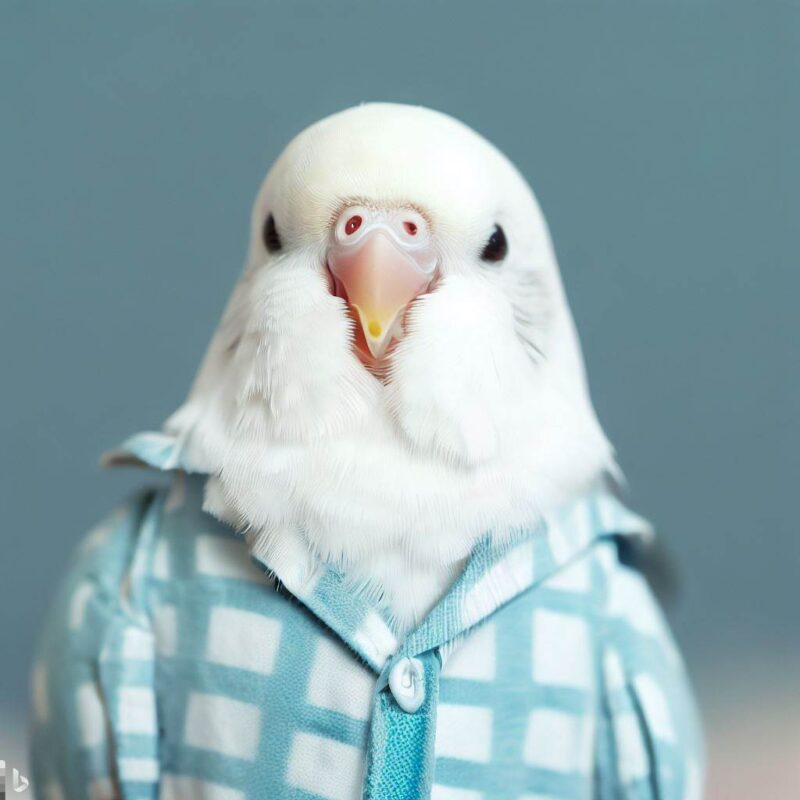 Cute white budgie smiling in pajama avatar, top quality, professional photo
