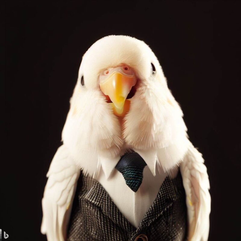 Cute white budgie smiling in professor form, top quality, professional photo