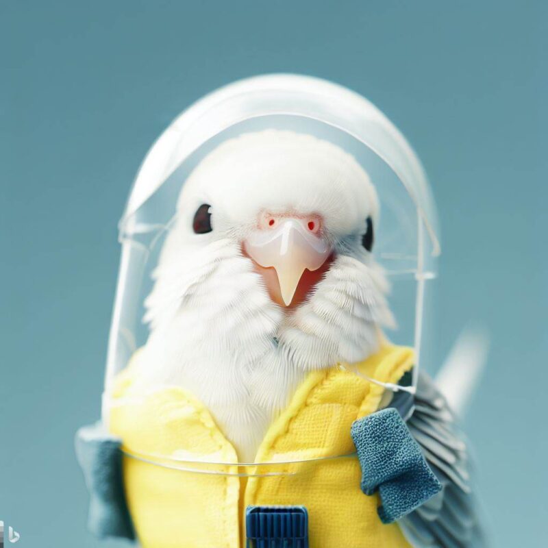 Cute white budgie smiling in protective clothing avatar, top quality, professional photo