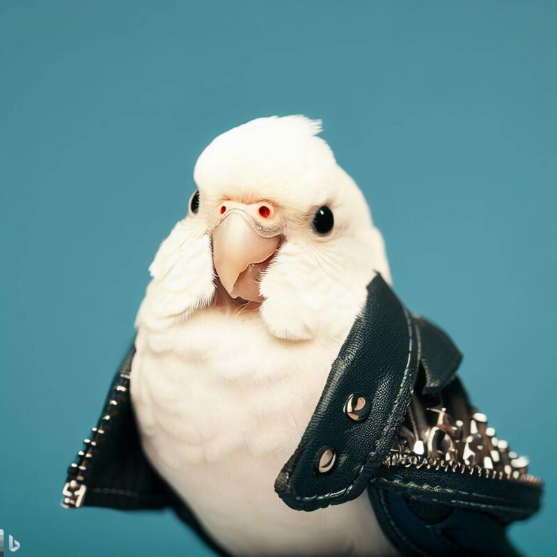 Cute white budgie smiling in rider jacket avatar, top quality, professional photo