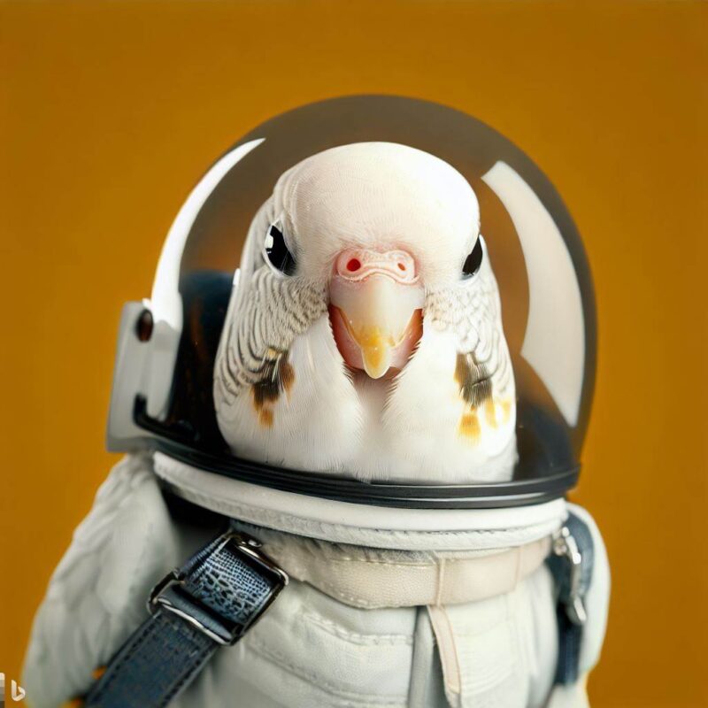 Cute white budgie smiling in space suit avatar, top quality, professional photo