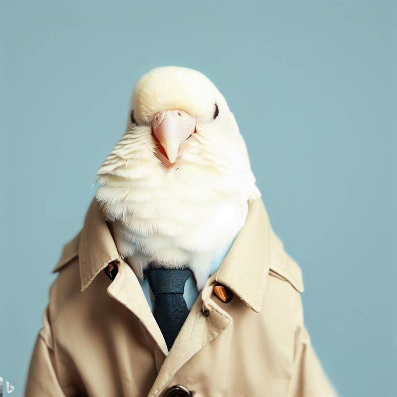Cute white budgie smiling in trench coat avatar, top quality, professional photo
