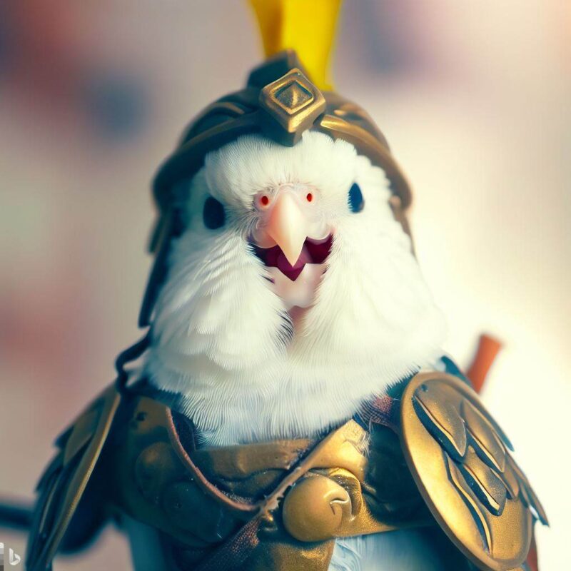 Cute white budgie smiling in warrior avatar, top quality, professional photo