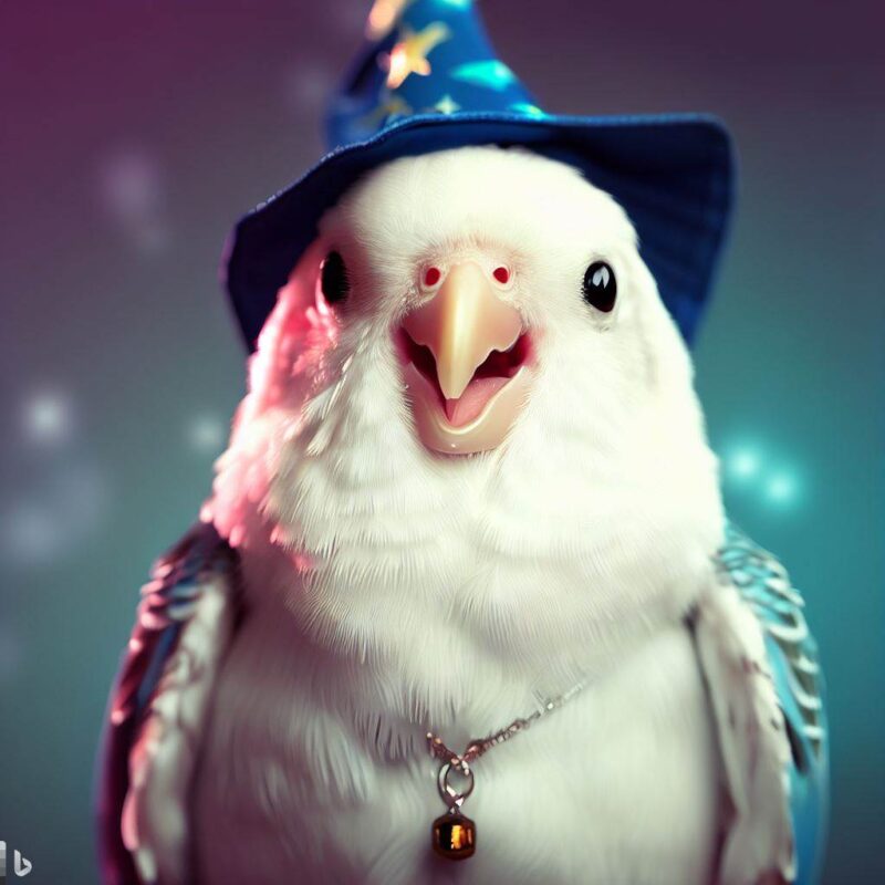 Cute white budgie smiling in wizard avatar, top quality, professional photo