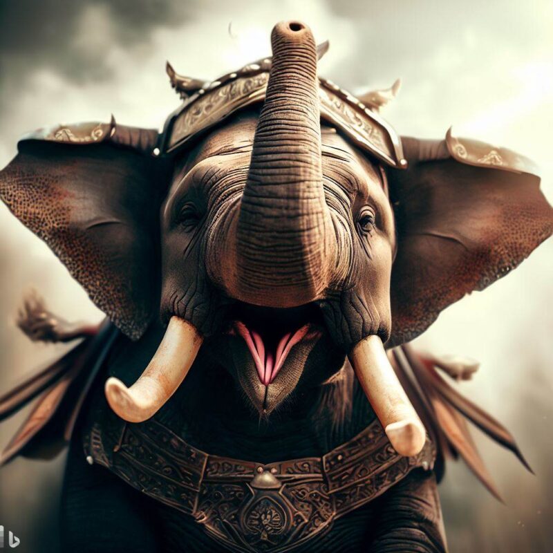 Elephant smiling in warrior form, top quality, professional photo