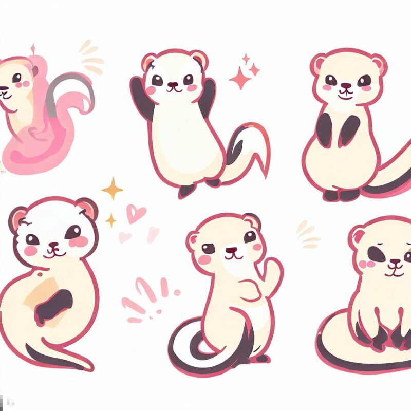 Features cute ferret illustrations and figures.