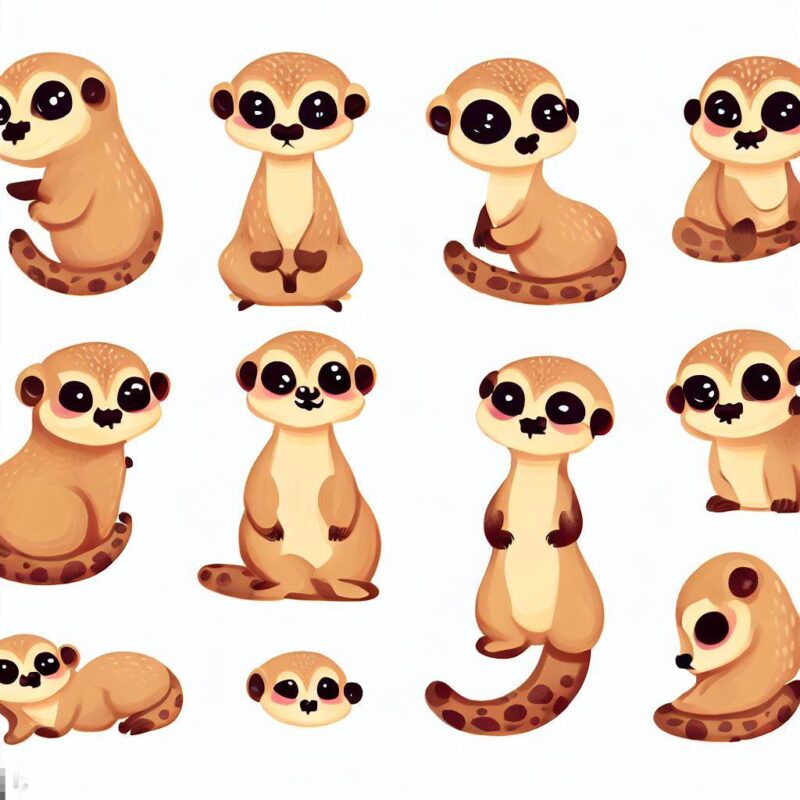 Features cute meerkat illustrations and figures.